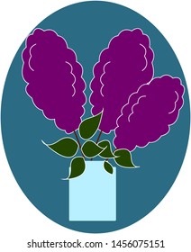 Lilac flowers in vase, illustration, vector on white background.