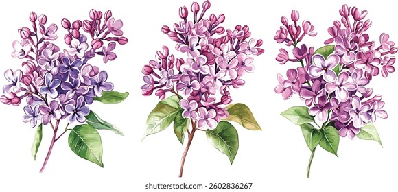 Lilac Flowers Watercolor  - Purple Blooms Isolated vector illustration