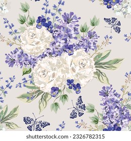 Flores de lino, peonías blancas, pansy, ramos de hojas verdes, mariposa, fondo gris. Ilustración floral. Patrón veloz. Diseño botánico. Plantas de verano naturales. Boda romántica