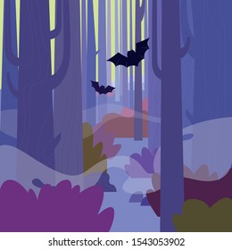Lilac Forest with flying Bats. Dark forest Halloween illustration background. Tree trunks in a gloomy forest. Flat vector illustration