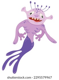 A lilac funny monster creature with a crown that looks like a reptile mermaid from another world. Vector image.