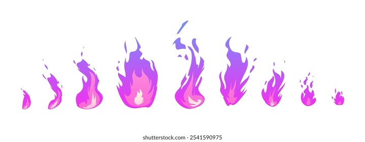 Lila Gas oder Feuer Flamme Vektor flachen Stil Symbole gesetzt. Verschiedene Größen und Formen der Flammenwirkung mit Funken, Grad Verbrennung von Feuer. Brandfeuer oder Lagerfeuer. Cartoon-Verschlusselemente