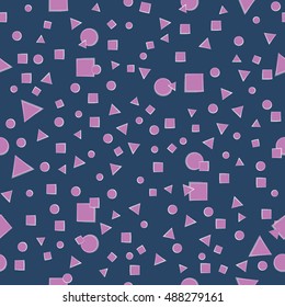 Lilac geometric shapes. Circle, square and triangle. Seamless pattern on a dark background. Design for textile, wrapping paper.
