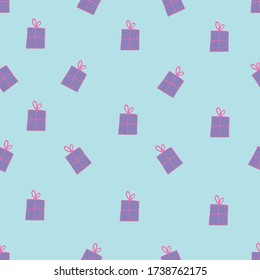 Lilac Gift box pattern on 
turquoise background.Wrapping paper seamless pattern.Purple Gift boxes for birthday,christmas,x-mas celebration. Print for textile,wrapping paper,wallpaper,birthday card.