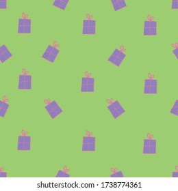 Lilac Gift box pattern on 
green background.Wrapping paper seamless pattern.Purple Gift boxes for birthday,christmas,x-mas celebration. Print for textile,wrapping paper,wallpaper,birthday card.