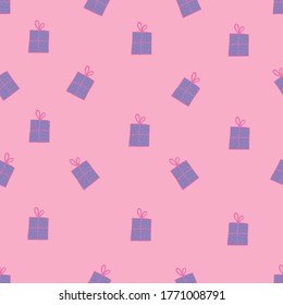 Lilac Gift box pattern on 
pink background.Wrapping paper seamless pattern.Purple Gift boxes for birthday,christmas,x-mas celebration. Print for textile,wrapping paper,wallpaper,birthday card.