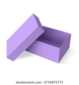 Caja de cartón de regalo de lila con tapa abierta. Realista 3D contenedor rectangular de papel con cubierta para el paquete presente, caso de entrega de productos. Maqueta de Vector. Paquete vacío del cartón en blanco para el embalaje de la marca