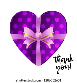 Lilac gift in the shape of a heart with a pink ribbon on a white background. Thank you inscription. Vector illustration