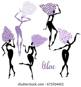 Lilac. Girls-flowers. Vector illustration of five different variants of dancing girls-lily. Sketch, isolated elements for design.