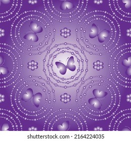 Lilac gradient seamless pattern with concentric circles and butterflies. Vector eps 10