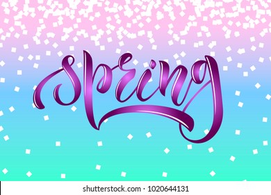 Lilac gradient vector logotype of “spring” on pink, blue,mint background with white confetti as calligraphy for website of girl, women clothing. Drown art sign for advertising, print of tops, flipcase