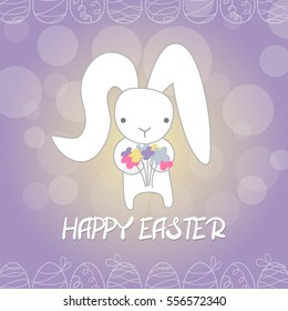 Lilac greeting card in pastel colors, white little baby Easter rabbit keep bouquet spring flowers. Funny bunny cartoon festive character. Vector colored illustration Happy Easter