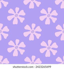 Lilac groovy flowers seamless pattern. Kawaii y2k floral background with hand drawn blossoms and liquid petals. Cute romantic repeat vector illustration for greeting card, fabric, cover, textile