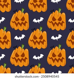 lilac Halloween seamless pattern vector illustration. Lilac print with pumpkins and halloween elements in flat style.