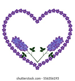 Lilac heart background with branches of flowers, isolated.