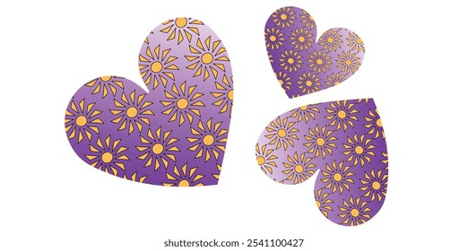 Lilac hearts with the sun inside. Postcard for Valentine's Day. Vector illustration.