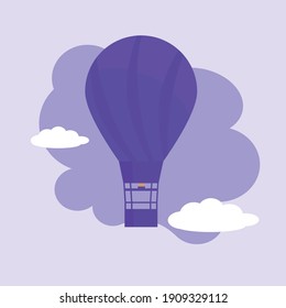 lilac hot air balloon in the sky among the clouds. Vector drawing, flat. Hot air balloon icon. Vector illustration
