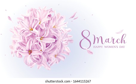 Lilac Hyacinth flower greeting card for 8 March. Flower vector greeting card in watercolor style with lettering design