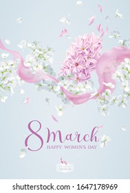 Lilac Hyacinth flower and white Hydrangea with flying petals and silk ribbon under the wind greeting card for 8 March. Floral vector image in watercolor style with lettering design
