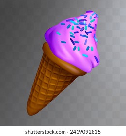 Lilac ice cream in a waffle cone. Vector illustration on a transparent background. Eps 10