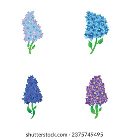 Lilac icons set cartoon vector. Various blooming lilac branch. Syringa, spring flower