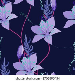 Lilac irises flowers on a dark blue indigo background. Seamless vector floral pattern. Design for fabric and wallpaper.