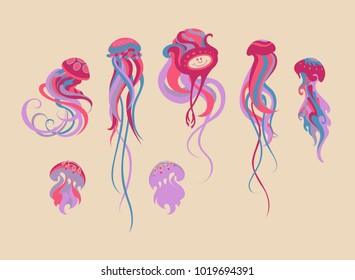 Lilac jellyfish. A fantastic character in a spacesuit with a smiling face. Plastic interlaced lines.