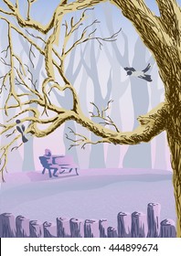 lilac landscape with trees bench and magpies