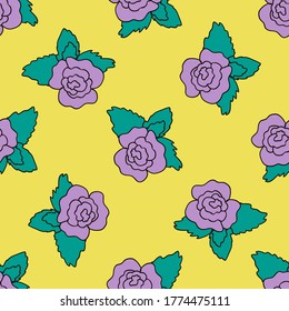 Lilac große Rosen auf gelbem Hintergrund. Muster für Textilien, Gewebe, Verpackungspapier, Hintergrund, Tapete.