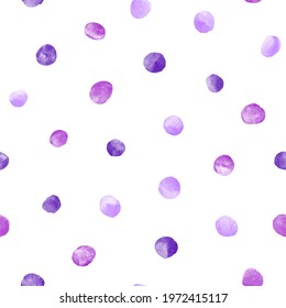 Lilac, lavender, purple vector watercolor round spots, polka dots seamless repeat vector pattern. Watercolour uneven blobs, smears, circle shape brush strokes. Hand drawn painted dotty background.