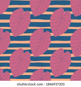 Lilac leaves abstract seamless pattern. Striped background with orange and blue lines. Designed for wallpaper, textile, wrapping paper, fabric print. Vector illustration.