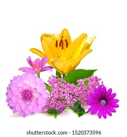 Lilac, lily and pion low poly. Beautiful fragrant flowers. Wonderful Flowers. Elements for label design. Lilac, lily and pion in triangulation technique.