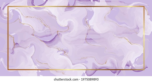 Lilac marble background and gold textures   gold rectangular frame  Abstract watercolor purple palette  Liquid marble painting Interior design  Spring wedding invitation 