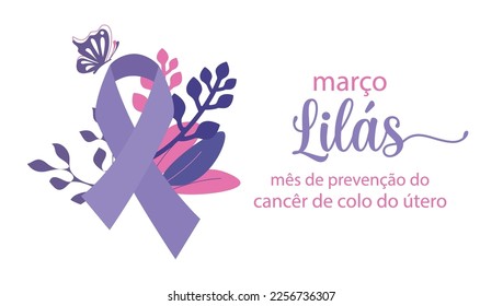 Lilac March cervical cancer prevention month in Portuguese language vector illustration. svg