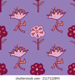 Lilac and maroon simple flowers vector repeatable pattern arranged symmetrically on a purple background