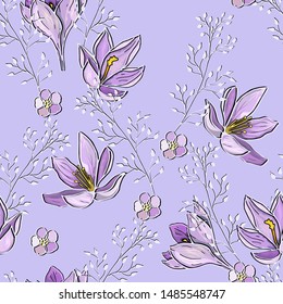 Lilac Mauve Seamless Pattern With Flowers And Twigs. Tender Delicate Vector Endless Texture