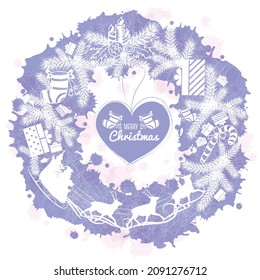 Lilac New Year's wreath with Santa and a team of reindeer, gifts, spruce branches, candles, toys drawn on an abstract background of drops.