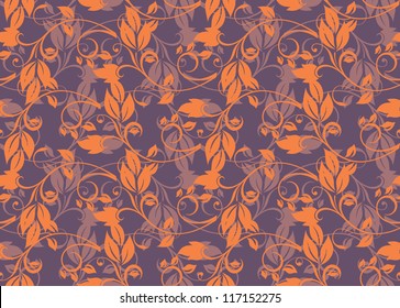 Lilac and orange floral seamless ornament on a purple background. Can be used as a seamless wallpaper.
