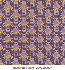 lilac owl. an owl in golden foliage. seamless abstract geometric pattern. children's cover, poster.