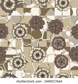 Lilac pattern of carnations and leaves. Yellow, gray and brown tones.
