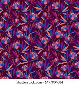 lilac pattern with flowers, large bright flower buds on long legs. Seamless vector pattern for textiles, wallpapers, and prints.