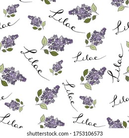 Lilac-Muster mit handgeschriebenen Buchstaben und violetten Elementen