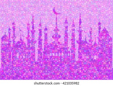 Lilac pattern with mosques on stained glass kaleidoscope backdrop for wishes with beginning of fasting month of Ramadan, as well with Islamic holiday Eid al-Fitr and Eid al-Adha. Vector illustration