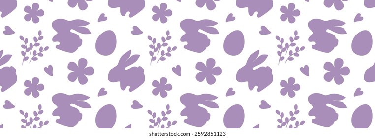 Lilac pattern with silhouettes of flowers, bunnies and easter eggs on white background. Vector seamless delicate pattern. Easter holiday decor for website, packaging, greeting card design.