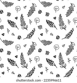 Patrón Lilac. Twigs con flores y hojas. Imagen vectorial sin brillo en un fondo transparente.