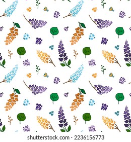 Lilac pattern. Twigs with flowers and leaves. Seamless vector image on a transparent background.