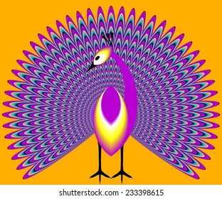 Lilac peacock on a yellow background (optical illusion of movement)