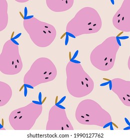 Lilac pears on beige, seamless vector pattern, modern fruit background 
