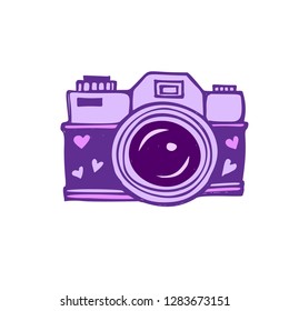 Lilac photo camera with lens decorated with hearts. Vector illustration. 