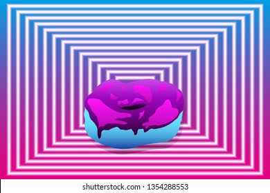 Lilac, Pink and Blue Donut in Corridor of Neon Rectangles on Gradient Pink and Blue Background